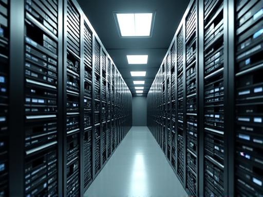 Rows of digital tapes and hard drives in a media archive room.