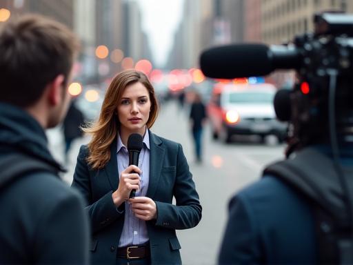 A news reporter speaking into a microphone with a camera crew in the background.