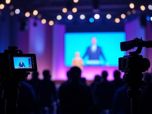 A conference speaker on stage being filmed by multiple cameras.