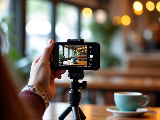 A vlogger setting up a shot in a trendy cafe.