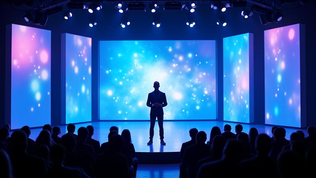 A keynote speaker on a futuristic stage at a tech conference.