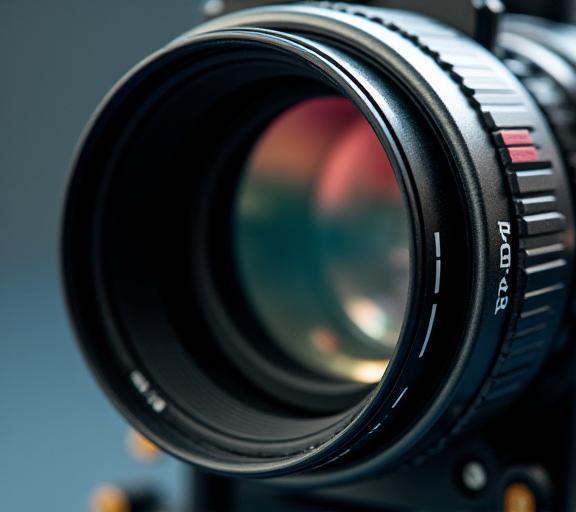 A close-up of a high-end RED cinema camera lens.