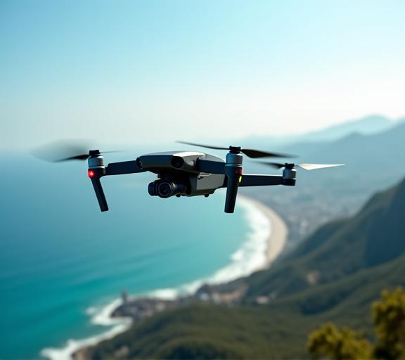 A professional cinematography drone flying over a coastline.