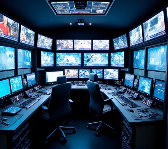 The interior of a mobile broadcast van with multiple screens and a mixing board.